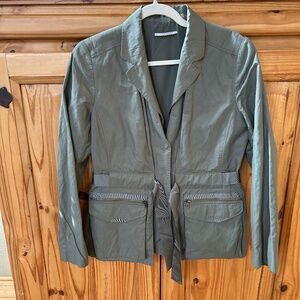 Tahari Belted Utility Jacket Pockets Metallic Green Cotton Blend Women's Size 10